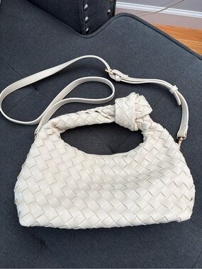 Woven Knot-Handle Shoulder Bag in Cream